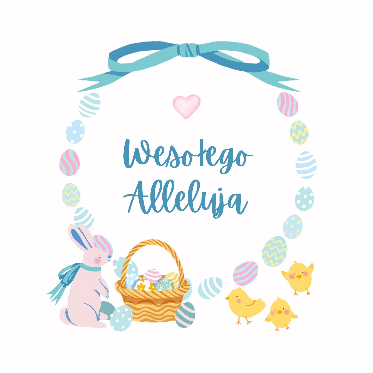 Easter card with a watercolor illustration of a rabbit eggs chickens